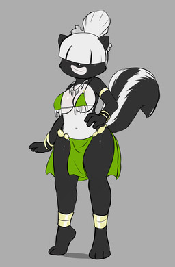 3_toes anklet anthro armlet barefoot big_breasts bikini bikini_top bone bone_in_hair bone_necklace bottomwear bracelet breasts clothing feet female gold_(metal) green_clothing hair hair_over_eyes jewelry lips loincloth necklace solo swimwear toes tribal two-piece_swimsuit white_lips wide_hips e254e mammal mephitid skunk hi_res