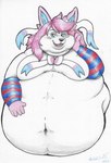 anthro anthrofied belly belly_grab chubby_cheeks male obese obese_anthro obese_male overweight overweight_anthro overweight_male pokemorph smile solo ashwolves5 nintendo pokemon eeveelution generation_6_pokemon pokemon_(species) sylveon 2023 absurd_res hi_res signature traditional_media_(artwork)