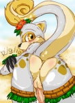 anthro anus backsack balls blush butt claws clothed clothing crossdressing erection femboy flower genitals looking_at_viewer looking_back male penis plant presenting raised_tail solo tail yellow_eyes unknown_artist neopets island_neopet lutari mammal mustelid neopet_(species) digital_media_(artwork)