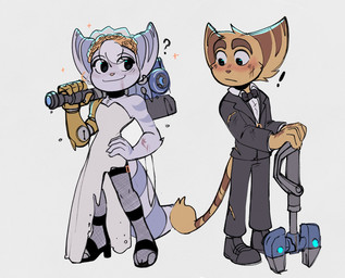 anthro black_tie_(suit) blush clothed clothed_anthro clothed_female clothed_male clothing dress duo exclamation_point female fishnet_clothing fishnet_legwear fluffy fluffy_tail footwear fur hair hammer high_heels legwear male male/female markings question_mark ring_(marking) ringed_tail shoes striped_markings striped_tail stripes suit tail tail_markings tail_tuft thin_tail tools torn_clothing tuft wedding_dress white_body white_fur white_hair wrench yellow_body yellow_fur time_fluffy500 ratchet_and_clank sony_corporation sony_interactive_entertainment ratchet_(ratchet_and_clank) rivet_(ratchet_and_clank) lombax mammal hi_res