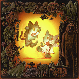 ambiguous_gender anthro big_feet bone candy cat_tail chibi clothed clothing creepy creepy_cute dessert duo fangs feet food fruit fur holidays jack-o'-lantern lollipop plant pumpkin skull surprised teeth whiskers winged_arms wings plastiboo halloween domestic_cat felid feline felis mammal 1:1 2022 collage_(artwork) hi_res mixed_media