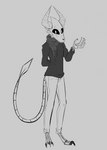 anthro bone male pose scarf skeleton solo stylish tail mythology dragon mythological_creature mythological_scalie scalie absurd_res full-length_portrait greyscale hi_res monochrome portrait sketch