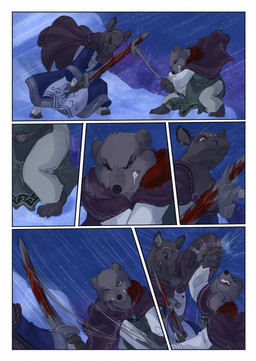 anthro biped blood blood_on_weapon bodily_fluids brown_body brown_fur clothed clothing female fight fur hammer horn melee_weapon motion_lines night outside snow snowing sword tools warhammer weapon wind bjekkergauken hillevi hjordis bear brown_bear deer mammal moose new_world_deer ursine 2025 colored comic hi_res