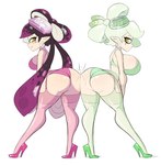 ass_to_ass big_breasts big_butt breast_size_difference breasts butt clothing duo female footwear garter_belt garter_straps high_heels legwear panties shoes simple_background thigh_highs underwear white_background sealguy nintendo splatoon callie_(splatoon) marie_(splatoon) squid_sisters_(splatoon) animal_humanoid cephalopod cephalopod_humanoid humanoid inkling marine marine_humanoid mollusk mollusk_humanoid