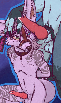 animal_genitalia animal_penis anthro balls blue_eyes bodily_fluids bound canine_genitalia canine_penis collar cum dominant dominant_male duo ear_piercing ear_tag erection gag gagged genital_fluids genitals green_eyes hands_behind_back heterochromia knot male male/male muzzle_(object) muzzled nude penis piercing precum submissive submissive_male tail sillyme canid canine fennec_fox fox mammal true_fox hi_res