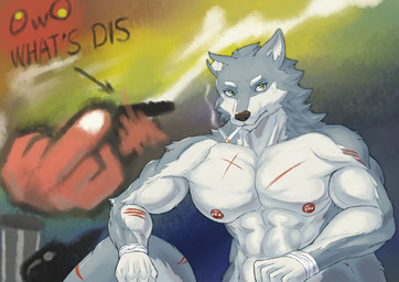 anthro black_nose cigarette eyebrows fur grey_body grey_eyes grey_fur male nipple_piercing nipples notched_ear piercing pink_nipples scratch_mark smoking smoking_cigarette white_body white_eyebrows white_fur art_roki canid canine canis mammal wolf absurd_res hi_res