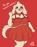 anthro belt breasts clothing dialogue dress facial_markings female floppy_ears fur gesture grammatical_error head_markings looking_at_viewer markings red_clothing red_dress slightly_chubby slightly_chubby_anthro slightly_chubby_female solo tail text waving waving_at_viewer white_belt white_body white_fur yellow_eyes xellyjelly target_corporation spot_(jayrnski) bird_dog canid canine canis domestic_dog hunting_dog mammal spaniel 2024 absurd_res dated english_text hi_res signature