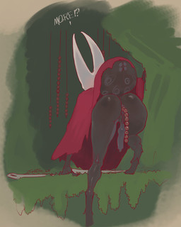 alternate_form anal_beads anthro anus arthropod_abdomen arthropod_abdomen_anus balls bent_over black_body butt cloak clothing dialogue feet genitals gynomorph intersex mask melee_weapon penis sex_toy solo sword text weapon santafire hollow_knight:_silksong hollow_knight_(franchise) team_cherry hornet_(hollow_knight) arthropod 4:5 english_text hi_res