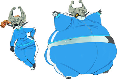 belly belly_expansion big_belly black_body black_ears black_skin blue_body blue_bottomwear blue_clothing blue_markings blue_pants blue_shirt blue_skin blue_topwear blue_tracksuit bodily_fluids body_inflation bottomwear breasts clothing dreadlocks expansion female fused_shadow grey_helmet hair hand_on_hip hand_on_own_hip huge_belly humanoid_pointy_ears hyper hyper_belly hyper_inflation immobile inflation markings multicolored_body not_furry open_mouth orange_hair pants pointy_ears red_eyes red_mouth round_body shirt solo spherical_inflation sweat sweatdrop swelling tight_clothing topwear tracksuit two_tone_body yellow_sclera cloudboyo nintendo the_legend_of_zelda twilight_princess midna humanoid imp twili 2026 colored colored_sketch digital_media_(artwork) flat_colors hi_res multiple_scenes sketch