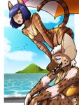anthro band-aid band-aid_on_face band-aid_on_nose bandage bandage_on_face bandage_on_nose beach bent_over bikini blue_hair breasts clothing duo fangs female female/female flat_chested gold_bikini hair looking_at_viewer markings medium_breasts orange_body parasol red_eyes sitting small_breasts spots spotted_body striped_body stripes swimwear teeth two-piece_swimsuit vitiligo fluffyyutyrannus golden_week the_art_class chloe_roset sonya_fortin domestic_cat felid feline felis hyena mammal spotted_hyena 3:4 absurd_res hi_res