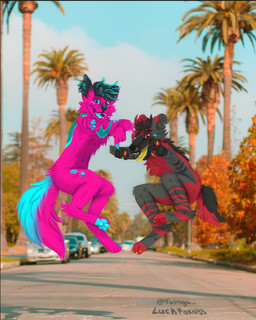black_body black_fur black_hair black_nose blue_body blue_claws blue_eyes blue_fur blue_highlights blue_pawpads blue_tongue blurred_background claws day digitigrade duo finger_claws fur gesture grey_body grey_fur hair hand_gesture highlights_(coloring) jumping nude outside pawpads photo_background pink_body pink_fur pointing pointing_at_viewer red_body red_eyes red_fur red_highlights red_pawpads tail teeth toe_claws tongue yellow_claws yellow_tongue conditional_dnp luckfoxo33 kayde_(kaydefi) canid canine fox hyena mammal 2022 digital_media_(artwork) digital_painting_(artwork) draw_over mixed_media painting_(artwork) photography_(artwork) shaded