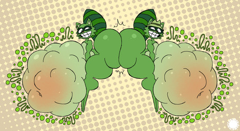 anthro ass_to_ass belly belly_blush big_belly big_butt blush body_blush bottom_heavy bubble_butt bubble_emanata butt butt_squish cheek_tuft clothing countershade_belly countershading curvy_figure duo ear_piercing ear_ring emanata eyelashes facial_markings facial_tuft featureless_feet fedora feet femboy flash_emanata fur glistening glistening_belly glistening_butt green_body green_fur grin halftone_background hat head_markings headgear headwear heart_nose heart_symbol huge_belly huge_butt hyper hyper_belly logo looking_back male markings mask_(marking) navel pattern_background piercing raised_tail ring_piercing rumbling_stomach simple_background smile squish striped_markings striped_tail stripes tail tail_markings text thick_thighs tuft vore wave_emanata thatdawgmurray happy_tree_friends lifty_(htf) shifty_(htf) mammal procyonid raccoon aliasing artist_logo artist_name digital_media_(artwork) halftone hi_res signature
