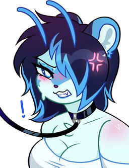 angry antennae_(anatomy) anthro bare_shoulders blue_eyes blush breasts chest_tuft cleavage clothed clothing collar eyelashes female hair hair_over_eye leash leashed_collar medium_breasts medium_hair pupils simple_background solo teeth topwear tuft white_background white_clothing white_pupils white_topwear nebuluff felid feline mammal colored digital_drawing_(artwork) digital_media_(artwork) flat_colors hi_res