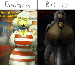 analog_horror anthro areola balls big_areola big_balls big_breasts big_nipples big_penis breasts claws clothing collar curvy_figure dialogue dress duo female genitals gynomorph horror_(theme) huge_areola huge_balls huge_breasts huge_nipples huge_penis hyper hyper_balls hyper_breasts hyper_genitalia hyper_penis imminent_sex intersex intersex/female machine metallic_penis nipples penis sharp_teeth talking_to_viewer teeth toony vein veiny_breasts vhs_filter wide_hips m4n the_walten_files sha_(twf) animatronic bovid caprine mammal monster robot sheep absurd_res hi_res