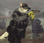 anthro anthrofied baseball_cap belt black_nose blurred_background bottomwear bulletproof_vest clothed clothing detailed_background eyewear fully_clothed fur glasses gloves green_eyes gun handwear hat headgear headwear holding_gun holding_object holding_ranged_weapon holding_weapon male multicolored_body multicolored_fur orange_body orange_fur outside pants pokemorph ranged_weapon solo two_tone_body two_tone_fur weapon wheel white_body white_fur nintendo pokemon emarcanine arcanine generation_1_pokemon pokemon_(species) 2022 signature