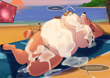 after_sex anthro areola ball beach beach_ball beach_towel belly big_belly big_breasts blush bodily_fluids breasts cum cum_on_body cum_on_breasts cum_on_face dialogue female genital_fluids huge_breasts inflatable inflated_breasts lactating milk ovaries plant pubes resting sand sand_castle sculpture solo speech_bubble sperm_cell spiral spiral_eyes sunset tongue tongue_out towel tree water el-loko bambi_(film) disney faline_(bambi) deer mammal mule_deer new_world_deer hi_res