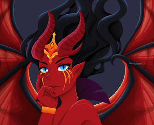 2_horns black_hair blue_background blue_eyes bracelet cheek_markings chin_in_hand claws colored_nails crown eye_markings eyebrows eyelashes facial_markings female flowing_hair glistening glistening_body glistening_eyes glistening_skin gold_(metal) gold_bracelet gold_jewelry gold_makeup gold_tiara hair hand_on_own_face head_horn head_markings headgear horn humanoid_pointy_ears jewelry lips looking_at_viewer markings membrane_(anatomy) membranous_wings nails neutral_expression not_furry pointy_ears popped_collar queen red_body red_horn red_lips red_nails red_skin royalty segmented_horn sharp_horn simple_background solo spread_wings text tiara vector_art wing_claws wings aivisaurus dota valve akasha_the_queen_of_pain demon humanoid succubus winged_humanoid 2021 absurd_res artist_name better_version_at_source bust_portrait cel_shading digital_media_(artwork) english_description hi_res irreplaceable_bvas portrait shaded superabsurd_res watermark