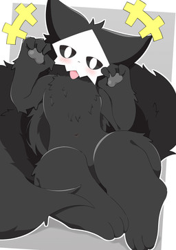 anthro big_tail biped black_body black_fur black_pawpads black_sclera blep blush blush_lines bone bone_mask crossbar_emanata emanata fluffy fluffy_tail front_view fur heart_pawpads looking_at_viewer male mask navel outline pawpads raised_hand simple_background sitting skull skull_mask solo tail tongue tongue_out white_background white_eyes white_outline satoumizu672 changed_(video_game) puro_(changed) canid canine latex_creature mammal 2025 absurd_res digital_drawing_(artwork) digital_media_(artwork) full-length_portrait hi_res japanese_description portrait