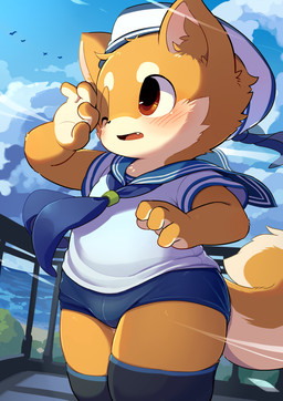 4_fingers anthro beach blue_sky blush bulge clothing fingers footwear gradient_background hat headgear headwear knee_highs knee_socks legwear male one_eye_closed sailor_cap sailor_collar sailor_uniform short simple_background sky socks solo uniform young young_male moketiw canid canine mammal hi_res