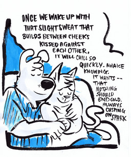 allcaps anthro arms_around_partner black_nose black_text blue_clothing blue_shirt blue_topwear button-down_shirt clothing duo eyes_closed furniture hug male male/male shirt sitting sofa speech_bubble text topwear whiskers white_clothing white_topwear billy_fore marco_and_marty marco_marcowitz marty_martin canid canine canis domestic_cat domestic_dog felid feline felis mammal english_text