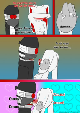ambiguous_gender anthro arm_on_head bandage bandaged_chest bandaged_head black_clothing blush bodily_fluids breasts clothed clothing coat comic_panel covering covering_eyes covering_face dialogue doll duo eyes_closed eyewear eyewear_on_head female floating_hands fur grey_body grey_skin hand_holding hand_on_ear hat headgear headwear heart_(marking) heart_background heart_symbol kerchief kissing light_blush long_ears markings mask nipples nude open_mouth red_nose simple_background sweat tailless tears teeth text tongue tongue_out topwear white_body white_fur otakon_(artist) 2spot_studio bloody_bunny_(series) madness_combat bloody_bunny hank_j._wimbleton animate_inanimate lagomorph leporid living_doll mammal nevadean_(madness_combat) rabbit absurd_res comic digital_media_(artwork) english_text hi_res