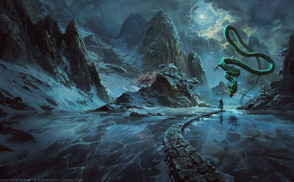 ambiguous_gender barbel_(anatomy) biped claws cloud detailed_background duo extreme_size_difference feral finger_claws flesh_whiskers floating full_moon green_body green_scales horn ice larger_feral light long_body looking_at_another moon moonlight mountain night outside reflection rock scales size_difference sky snow standing yellow_eyes akreon mythology ambiguous_species dragon eastern_dragon mythological_creature mythological_scalie scalie detailed shaded