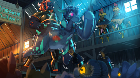 anal audience balls barn bdsm black_body black_fur bondage bound brown_body brown_fur clothed clothing duo_focus fur genitals glowing glowing_eyes group hair handle harness horn inflatable latex latex_clothing latex_transformation liquid_latex nozzle orange_body orange_fur penis pink_eyes pool_toy standing suspension suspension_bondage text transformation sexotheque animate_inanimate avian bird bovid bovine canid canine caprine cattle chicken deer equid equine fox galliform goat living_inflatable mammal phasianid 16:9 2025 4k absurd_res english_text hi_res widescreen