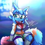 anthro big_breasts big_eyes black_nose black_outline blue_body blue_eyes blue_fur blue_hair blue_tail blush bottomwear breasts clothed clothing crop_top eyebrow_through_hair eyebrows female fluffy fluffy_tail fur gloves hair hand_on_cheek handwear inner_ear_fluff kemono looking_at_viewer midriff multicolored_hair multicolored_tail navel one_boot_on orange_body orange_fur orange_tail outline pointy_ears prick_ears purple_clothing purple_underwear shadow shirt sitting skirt snout solo tail tight_clothing topwear translucent translucent_hair tuft underwear white_body white_fur white_hair white_tail ikarapopsicle nichi_(wikibee) canid canine fox mammal 1:1 2023 dated digital_media_(artwork) hi_res shaded signature soft_shading