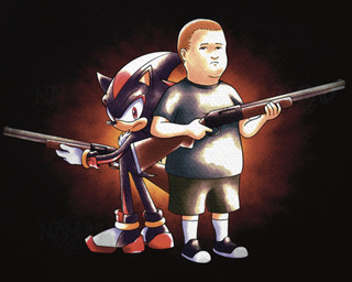 anthro black_body black_fur clothed clothing duo footwear frown fur gloves gun handwear holding_gun holding_object holding_ranged_weapon holding_weapon looking_at_viewer male ranged_weapon red_eyes shoes shotgun simple_background standing weapon young young_human young_male mamonoworld king_of_the_hill sega sonic_the_hedgehog_(series) bobby_hill shadow_the_hedgehog eulipotyphlan hedgehog human mammal 2026 crossover hi_res signature