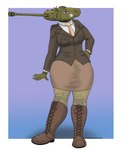 anthro big_breasts blue_eyes boots bottomwear breasts brown_clothing clothing female footwear green_body hand_on_hip knee_boots knee_highs legwear looking_at_viewer m26_pershing machine necktie shoes skirt solo suit tan_clothing tank vehicle white_clothing wide_hips panzerschreckleopard scarlett_(panzerschreckleopard) living_machine living_tank living_vehicle 2024 5:6 absurd_res colored hi_res