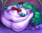 3_toes anthro avian_feet beak belly big_belly big_breasts big_nipples black_beak black_hair black_talons blobby blue_eyes blue_tongue breasts deep_navel feet female green_body green_nipples hair horn huge_belly hyper hyper_belly immobile inside morbidly_obese morbidly_obese_anthro morbidly_obese_female multicolored_body navel neck_tuft nipples non-mammal_nipples obese obese_anthro obese_female open_beak open_mouth overweight overweight_anthro overweight_female red_horn sitting solo text toes tongue tuft inksplot carrie_(qweave) avian bird demon english_text hi_res