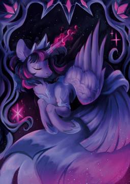 calm clothing dress eyes_closed female feral flying horn magic night solo sparkles star wings owlclare friendship_is_magic hasbro my_little_pony mythology twilight_sparkle_(mlp) equid equine mammal mythological_creature mythological_equine winged_unicorn absurd_res hi_res