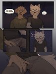 anthro biped black_nose blush clothed clothing cute_fangs dialogue duo erection erection_under_clothing fangs fingers fur grey_body grey_fur hoodie male male/male mouth_closed sitting speech_bubble teeth text tongue topwear sgguzz canid canine mammal 3:4 absurd_res comic english_text hi_res