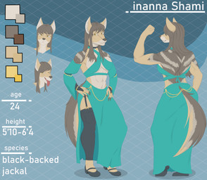 anthro biped blue_clothing blue_dress clothing dress female female_anthro front_view fur fur_markings gold_(metal) gold_jewelry hair jewelry long_hair markings muscular muscular_female rear_view solo standing yellow_body yellow_eyes yellow_fur tbombass inanna_shami black-backed_jackal canid canine canis jackal mammal hi_res model_sheet