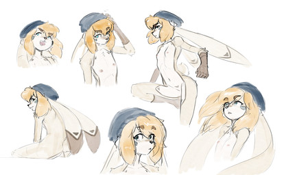 anthro blonde_hair blue_eyes breasts brown_body brown_fur clothing female fur hair hat headgear headwear nude small_breasts solo white_body white_fur hush_button derby_(mrbuttonboi) lagomorph leporid mammal rabbit sketch