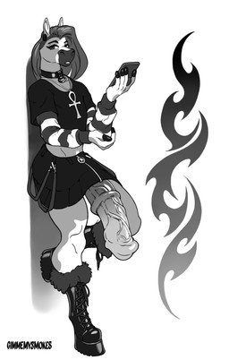 alternative_fashion animal_genitalia animal_penis ankh anthro boots bottomwear clothed clothing collar crossdressing equine_genitalia equine_penis femboy footwear gauge_piercing genitals goth hooves male penis penis_under_skirt shoes skirt solo unguligrade gimmemysmokes equid equine horse mammal hi_res monochrome