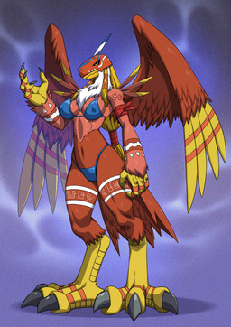 anthro biped breasts claws clothed clothed_anthro clothed_female clothing feathers feet female fingers looking_at_viewer navel nipple_outline nipples non-mammal_breasts non-mammal_navel non-mammal_nipples solo tail toes wings alanscampos bandai_namco digimon digimon_(species) garudamon 2026 digital_drawing_(artwork) digital_media_(artwork) hi_res