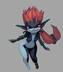 breasts butt female glowing glowing_markings hair humanoid_pointy_ears markings navel pointy_ears ponytail red_eyes smile smiling_at_viewer smirk smirking_at_viewer snaggle_tooth solo wide_hips yellow_sclera null_skull nintendo the_legend_of_zelda twilight_princess midna humanoid imp twili absurd_res hi_res