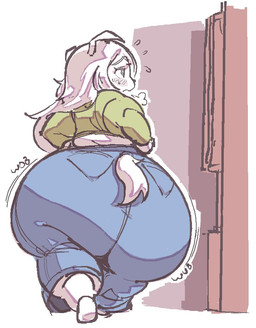 anthro barefoot belly big_butt black_eyebrows black_nose black_text blush blush_lines bodily_fluids border bottomwear breasts breath butt clothed clothed_anthro clothed_female clothing dog_ears dog_tail dresser eyebrows eyelashes feet female female_anthro floppy_ears flying_sweatdrops fur furgonomic_bottomwear furgonomics furniture grey_blush hair huge_butt long_hair no_pupils obese obese_anthro obese_female onomatopoeia overweight overweight_anthro overweight_female panting pockets rear_view short_tail solo sound_effects sweat sweatdrop tail text tight_clothing weight_gain white_body white_border white_ears white_eyes white_fur white_hair white_tail wobbling anonymous_artist wafer_(/feed/) canid canine canis domestic_dog mammal 2025