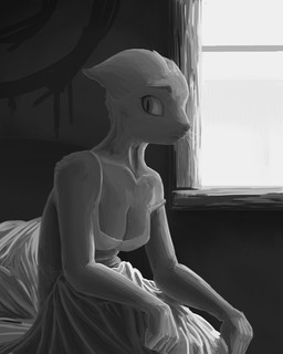 5_fingers anthro backlighting bed bedding biped blanket bra breasts cleavage clothed clothing detailed_background female fingers front_view frown fur furniture humanoid_hands inside light medium_breasts pillow pupils sitting slit_pupils solo three-quarter_view underwear whiskers window redruin01 microsoft prequel_adventure the_elder_scrolls katia_managan felid khajiit mammal 2015 4:5 digital_media_(artwork) digital_painting_(artwork) greyscale lighting monochrome painting_(artwork) portrait shaded soft_shading three-quarter_portrait
