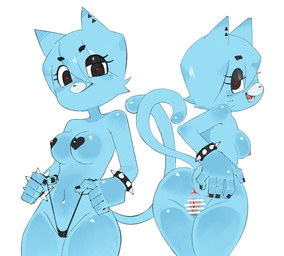 anthro black_eyelids black_nails blue_body blue_fur blue_hair bracelet breasts butt camel_toe censor_bar clothing clothing_pull colored_nails ear_piercing eyelashes female fur genitals hair half-closed_eyes half-spread_vulva heart_eyes heart_symbol jewelry looking_at_viewer looking_back nails narrowed_eyes navel nipples open_mouth open_smile panties panty_pull pasties piercing presenting presenting_hindquarters raised_tail simple_background smile solo spikes spread_vulva spreading standing tail underwear underwear_pull vulva white_background q_qringo cartoon_network the_amazing_world_of_gumball nicole_watterson animal_humanoid domestic_cat felid felid_humanoid feline feline_humanoid felis humanoid mammal mammal_humanoid