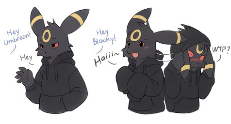 anthro black_body black_fur blush clothing dialogue embarrassed fur hand_in_pocket hands_in_sleeves hoodie male pockets profanity red_eyes solo text topwear arnd_dawn nintendo pokemon eeveelution generation_2_pokemon pokemon_(species) umbreon comic english_text