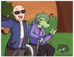 5_fingers anthro bald border clothing detailed_background devil_horns_(gesture) disability dress eyelashes eyewear female fingers gesture green_body green_hair green_scales grey_eyes group hair hand_gesture hoodie jacket light-skinned_male light_body light_skin male open_mouth open_smile outside paraplegic plant running scales selfie short_hair sitting smile snout sunglasses topwear tree vehicle wheelchair white_border yellow_sclera tomasllade cavemanon_studios i_wani_hug_that_gator snoot_game alma_(luxianodb) everly_(tomasllade) fan_character inco_(iwhtg) olivia_halford victoria_(iwhtg) allosaurid allosaurus baryonyx dinosaur dromaeosaurid human mammal prehistoric_species reptile scalie spinosaurid theropod velociraptor 2024 artist_name digital_drawing_(artwork) digital_media_(artwork) hi_res watermark