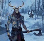 2023 abs anthro antlers axe clothed clothing cloud deer duo fingers hair hi_res holding_axe holding_object horn lljh male mammal muscular muscular_anthro outside pecs plant sky snow tattoo tree white_body