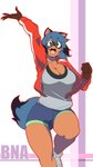 abstract_background anthro basketball_shorts big_breasts blue_hair bottomwear breasts brown_body brown_fur cleavage clothed clothing dipstick_tail excited female female_anthro footwear fur gesture green_eyes hair happy jacket kemono looking_at_viewer markings multicolored_tail on_one_leg open_mouth shirt shoes shorts smile sneakers solo standing t-shirt tail tail_markings topwear opqhlak brand_new_animal studio_trigger michiru_kagemori canid canine mammal raccoon_dog tanuki 9:16 absurd_res digital_media_(artwork) hi_res