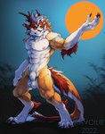 5_fingers anthro balls claws fingers fur genitals horn male nude smile solo white_body white_fur ravoilie guild_wars charr felid mammal 2022 digital_media_(artwork) hi_res