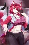 abs anthro blep bodily_fluids clothing cute_fangs electronics exercise fangs female female_anthro fur gloves_(marking) gym hand_on_hip kemono leggings legwear markings mirror multicolored_body multicolored_fur muscular muscular_female phone red_body red_eyes red_fur reflection selfie solo sweat teeth tongue tongue_out towel towel_on_shoulder weights workout purplelemons regys_(carp) canid canine fox mammal 2021 digital_media_(artwork) hi_res shaded