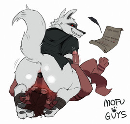 anthro big_butt black_sclera blush bodily_fluids brown_body brown_fur butt cloak clothing contract duo ear_stripes eyes_closed eyewear facesitting fur genital_fluids genitals glasses grin humanoid_genitalia humanoid_penis loose_feather male male/male nude paws penis precum quill raised_tail red_eyes sitting_on_another smile tail white_body white_fur mofu_guys dreamworks puss_in_boots_(franchise) death_(puss_in_boots) videah canid canine canis mammal wolf colored hi_res sketch watermark