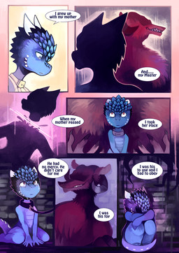 ambiguous_gender anthro biped blood blue_body blue_scales bodily_fluids clothing collar crying death decapitation dialogue dialogue_box dress female fur group horn killing leash male nude pink_clothing pink_dress red_body red_eyes red_fur scales silhouette slave speech_bubble tail tears text trio anonymous_artist zuka_(fragile_findings) canid canine kobold mammal scalie 2020 colored comic english_text