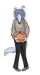 2022 ambiguous_gender anthro banoncat blue_body blue_fur blue_hair canid canine canis clothing coyote eyes_closed food fruit fur hair hi_res holding_object knock-kneed long_snout mammal plant pumpkin simple_background slimp snout solo sweater topwear